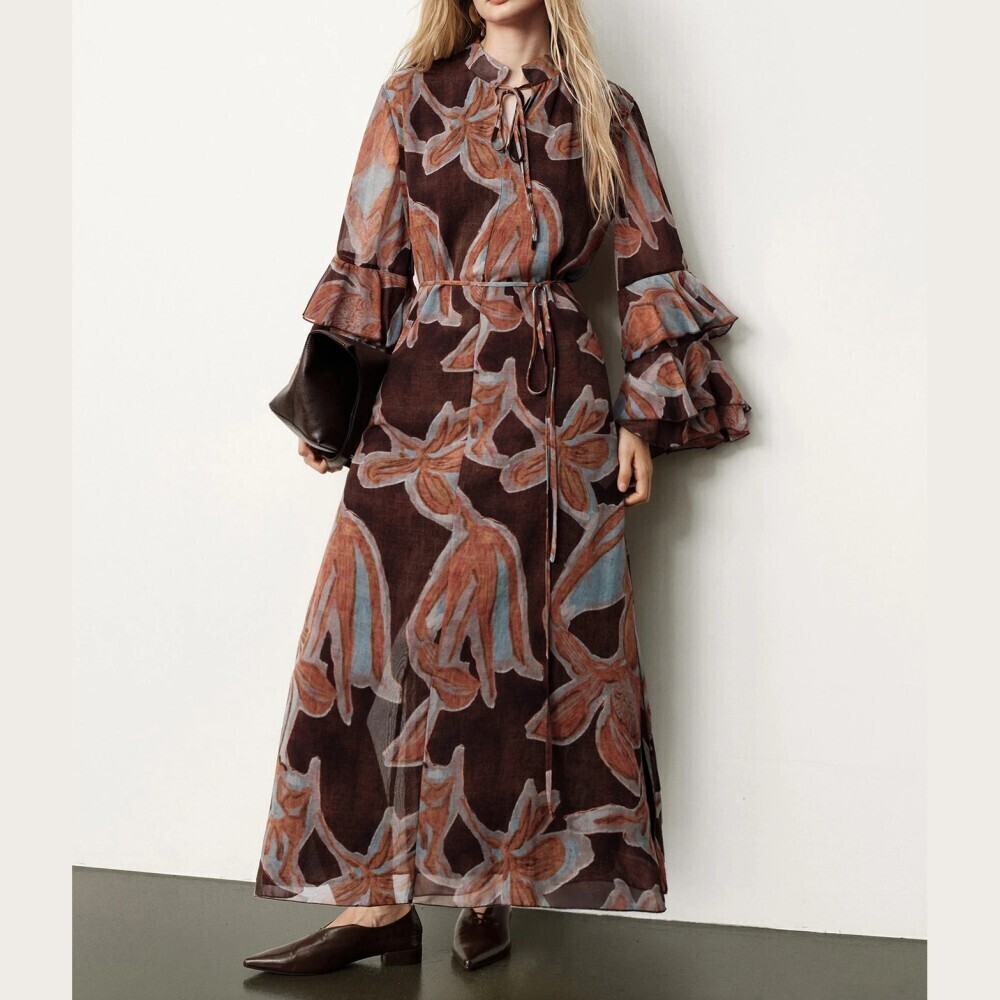 Brown Abstract Floral Print Tie Neck Tiered Bell Sleeve Sheer Maxi Dress